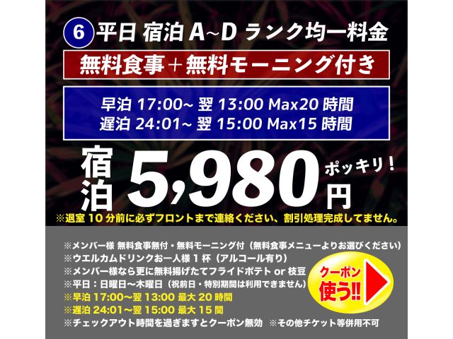 【宿泊新クーポン誕生！】【平日宿泊クーポン】⑥A~Dランク均一料金5,980円ポッキリ！⑦E・Fラン...
