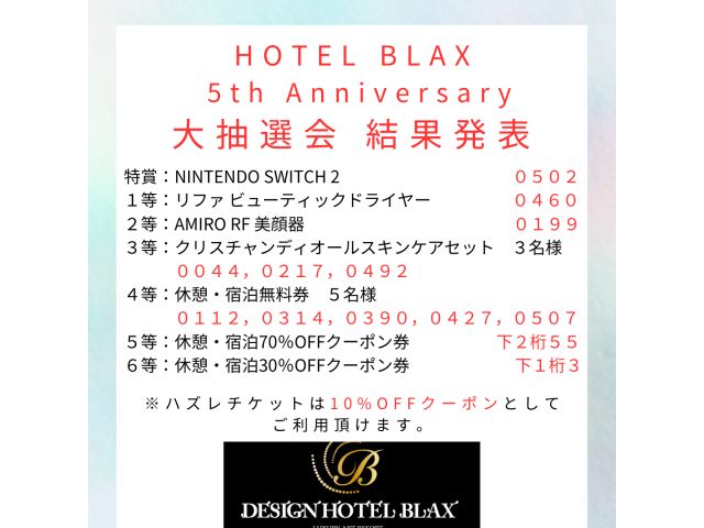 5周年抽選イベント、当選発表です。ご当選されたお客様、おめでとうございます♪