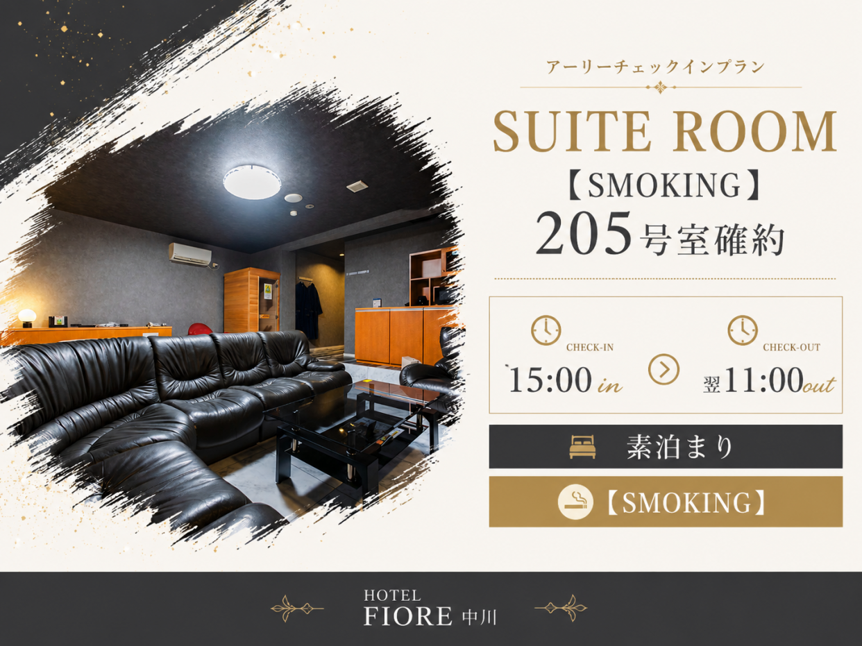 SUITE ROOM【SMOKING】205号室確約／アーリーチェックインプラン／15:00in～翌11:00out／素泊まり