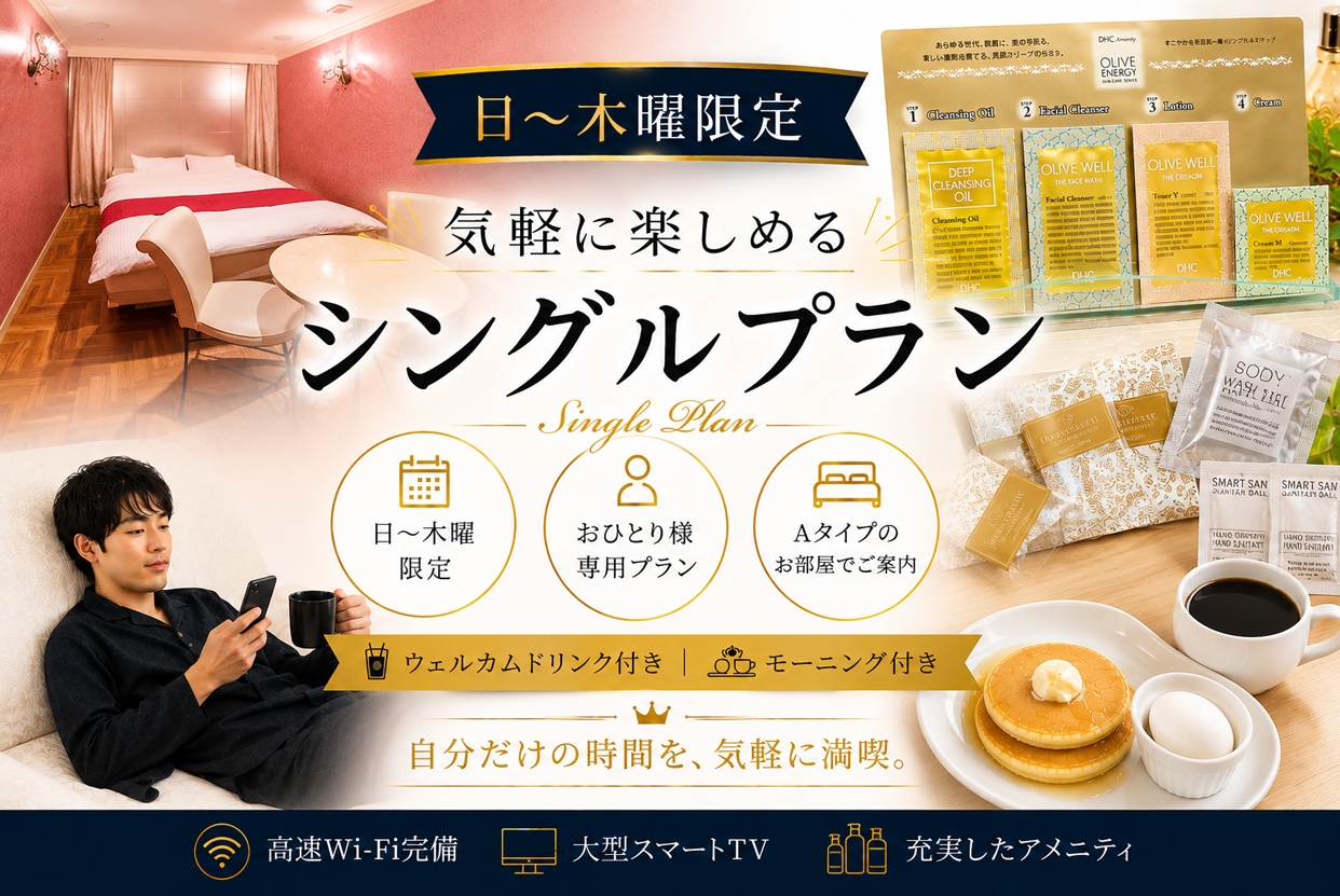 新【気軽に楽しむ おひとり様向け プラン】ウェルカムドリンク、朝食付/IN21時～OUT翌10時